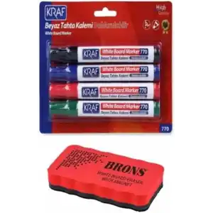 KRAF Beyaz Tahta Kalemi Doldurulabilir 770, 4lü Set, Mıknatıslı Eva Tahta Silgisi