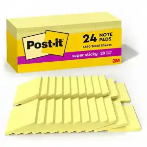 Post-it Süper Yapışkan Notlar, 2x Yapıştırma Gücü, 3x3 inç, Kanarya Sarı, 24-Pedler/Dolap Paketi (654-24SSCP)