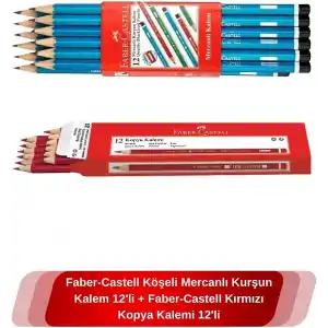 Faber Castell Köşeli Mercanlı Kurşun Kalem 12Li + Faber-Castell Kırmızı Kopya Kalemi 12Li
