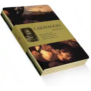 Retronote Saint Series I - A5, Caravaggio 4lü Defter Seti III, Çizgisiz, Toplam 256 Sayfa, Her biri 64 Sayfa, Tel Dikiş, Esnek Kapak, Oval Kenar, Tuval Doku, 60 gram, Sarı Krem Renk, çok renkli