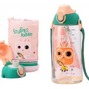 Uzspace Büyük Boy 700ml Kılıflı Askılı Pipetli/pipetsiz Iki Ayrı Kapaklı Tritan Çocuk Matarası (Studies Rabbit (Pudra Pembe-Yeşil))