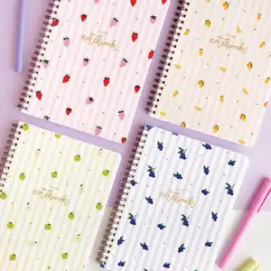 A5 Spiralli Karton Kapak 4lü Set Çizgili Okul Defteri 80 yaprak - Ders Programlı Krem Meyveler