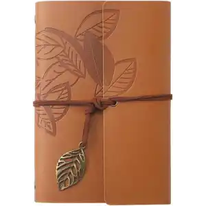 Coverzone Vintage Yaprak Motifli PU Deri Defter – 80 Sayfa Çizgisiz Günlük, 14.5x10.5 cm, Yaprak Şeklinde Metal Kapatmalı Retro Ajanda & Not Defteri, Seyahat Defteri, Travel Journal (Kahverengi)