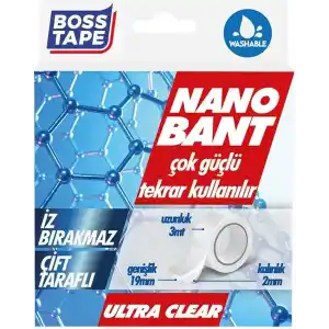 Boss Tape Tarafli Nano Bant, 19 mm x 3 mt Boyut, Seffaf Çift