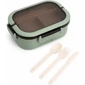 Busstier 1200 ml 2 Katlı 6 Bölmeli BPAsız PP Plastik Sefer Tası ve Beslenme Çantası - Hava Kilitli Bento Lunch Box, Çatal ve Kaşık Dahil (Yeşil)