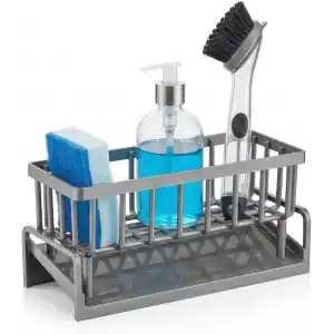 Orret Home Lavabo Organizeri Tezgah Üstü ABS Plastik Mutfak Organizer Banyo Düzenleyici Evye Üstü Süngerlik Sabunluk Organizer Su Hazneli Gri Raf (Metalik Gri)