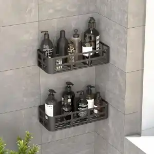 Deconox 2li Set Siyah Yapışkanlı Banyo Duş Rafı - 27x12 cm Matkapsız Montaj Şampuanlık ve Mutfak Baharatlık Organizeri
