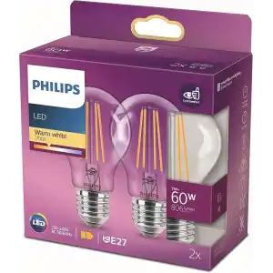 Philips LED Classic 60W A60 Filament Ampul, 2700 Sarı Işık, E27 Normal Duy, Dim Edilmez 2li Ekopaket