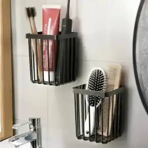 ATA HOME 2Li Set Yapışkanlı Diş Fırçalık, Saç Fırçası Tarak Düzenleyici, Banyo Düzenleyici Banyo Rafı Siyah