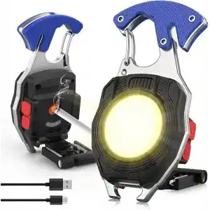 Mayaglory Çok Fonksiyonlu Şarjlı Mini COB LED Anahtarlık El Feneri - Entegre Elektronik Çakmak, Şişe Açacağı, Tornavida, Kemer Kesici, Düdük ve Mıknatıslı Acil Durum Ekipmanı, Type-C Şarj Edilebilir