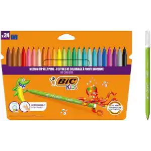 BIC Kids Kid Couleur Ultra Yıkanabilir Keçeli Boya Kalemi 24 Renk, Kolayca Çoğu Kumaştan Çıkar, Su Bazlı Keçeli Kalem