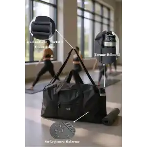 Unisex Spor ve Seyahat Çantası, Siyah, Polyester, 47x27x15 cm, Termos Bölmeli, Ayarlanabilir Omuz Askılı, Su Geçirmez