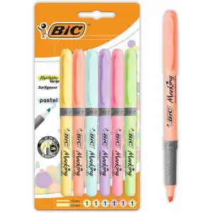 BIC Intensity Highlighter Grip Pastel Marker Fosforlu Kalem 6lı Blister, Su Bazlı Mürekkep, 6 Pastel Renk, Kauçuk Tutaçlı
