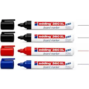 Edding 360 XL Tahta Kalemi Seti, 4lü (2 Siyah, 1 Mavi, 1 Kırmızı), Yuvarlak Uçlu, 1.5-3 mm, Beyaz Tahta ve Flipchart Uyumlu, Cap-Off Teknolojisi