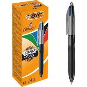 BIC 4 Colours Grip Pro Tükenmez Kalem 12Li Kutu, Kauçuk Tutacak, 1.0mm Uç, Tek Kalemde Mavi, Kırmızı, Yeşil ve Siyah Renkler