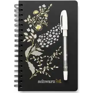Schwarz Foil Siyah Sayfalı Sert Kapak Spiral Defter, Beyaz Kalem Hediyeli, 60 Sayfa, 14×20 cm, Gold, Beyaz Folyo Çiçek Desenli Siyah Kapak, Tam Açılabilir Spiral Cilt, Günlük Not İçin Premium Defter