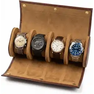 4’lü Deri Saat Kutusu Silindir Tasarım Taşınabilir Saat Saklama Organizer 24x11x7 cm(Taba)