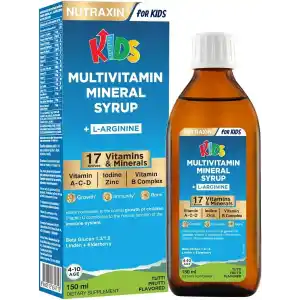 Nutraxin Kids Multivitamin Mineral Şurup 150 ml – 17 Vitamin ve Mineral, L-Arjinin, Kara Mürver, Beta Glukan, Çocuklar İçin Bağışıklık ve Gelişim Desteği
