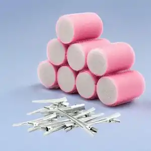 Croc 1207 Pembe Cırtlı Sünger Bigudi 8Li Çap 4Cm + 12Li Alüminyum Saç Pensi