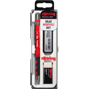 rOtring Tikky Mekanik Kurşun Kalem, Uç ve Silgi Seti, 0,7 mm Kalem, 2B Uç, Orta Boy Silgi, Kırmızı, 3lü Set