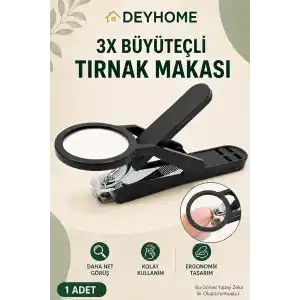 3X Büyüteçli Paslanmaz Çelik Tırnak Makası, Törpülü ve Sıçrama Önleyici, Rahat Tutuşlu Siyah