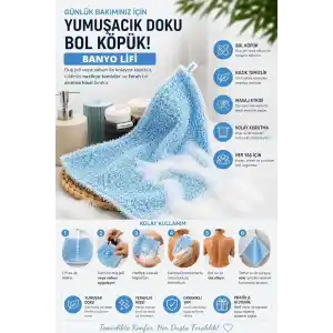 Banyo Lifi, | Yumuşak Dokulu, Bol Köpüren Vücut Temizleme Lifi | Askı İpli, Günlük Kullanıma Uygun Banyo Süngeri | Kadın Erkek Çocuk İçin 25x35CM (Mavi)