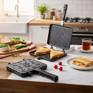 Deconox Çift Taraflı Ocak Üstü Döküm Tost Makinesi, Granit Efektli Yanmaz Yapışmaz Sandviç ve Tost Tavası - Hamburger, Omlet ve Aperatifler İçin İdeal | Ergonomik Saplı Kolay Temizlenebilir Grill Tava