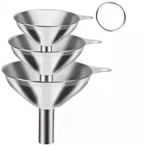 MallArt® Paslanmaz Çelik Mini Huni Seti (3lü) - 7.5 cm, 5.5 cm, 4.5 cm Dar Ağızlı Sıvı ve Baharat Hunisi, Tutucu Halkalı Mutfak ve Şişe Aktarma Seti