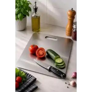 ARVALE Metal Kesme Tahtası 34x23 cm Çift Taraflı Hijyenik Mutfak Sebze Et Meyve Doğrama Panosu