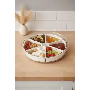 Mithra Life 360 Derece Döner Kapaklı 6 Bölmeli Beyaz Kahvaltı Sunum Saklama Tabağı Kabı MIT1289