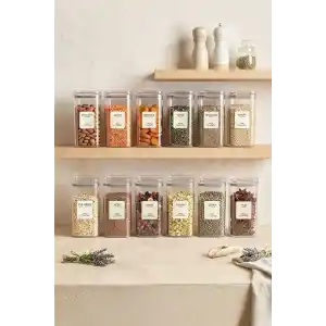 Etiketli 12Li Akrilik Gri Sızdırmaz Kapaklı Vakumlu Kare Baharatlık Seti 300 Ml