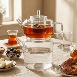 Deconox Flat Borosilikat Cam Çaydanlık Takımı 980 ml Demlik + 1600 ml Alt Demlik | Cam Süzgeçli, Isıya Dayanıklı Borosilikat Cam Çaydanlık Seti | Ocak Üstü Kullanıma Uygun Şeffaf Çaydanlık