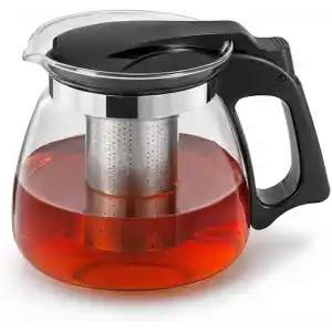 Cam Demlik 900ml, Paslanmaz Çelik Süzgeçli Filtreli Çaydanlık, Çay, Bitki Çayı Süzgeci, Isıya Karşı Dayanıklı Pratik Üst Kısım Tek Parça (Siyah, 900, Mililitre)