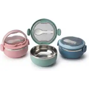 Deconox 700 ml Paslanmaz Çelik Yemek Kabı, Kaşıklı, Saplı ve Kilitli Yuvarlak Lunch Box, Mavi Yeşil Pembe Renk Seçenekli, 12x11x13cm Kapaklı Saklama ve Taşıma Kabı