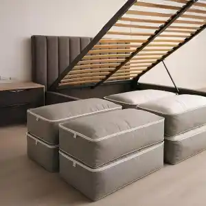 Deconox Büyük Boy Bazaaltı Kalın Kumaş Hurç | Kazak Yastık Çok Amaçlı Yatakaltı Düzenleme Hurcu Gri (64cmx45cmx20cm) 4 lü 6 lı ve Şeffaf Pencereli Seçenekli (6 LI PAKET)