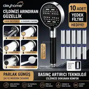 Filtreli Duş Başlığı, 6 Kademeli Su Akışlı, Basınç Artırıcı, Kaymaz Silikon Kaplama, Siyah-Gümüş, 10 Yedek PP Filtre (6 Fonks. Duş Başlığı + 10 Adet Yedek Filtre)