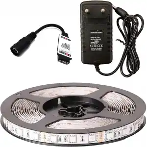 AmberLED 5 Metre RGB Şerit LED Seti - Bluetooth Uygulama Kontrollü - Müziğe Duyarlı 5050 3 Çipli Tak Çalıştır - Adaptör Dahil - İç Mekan Silikonsuz Aydınlatma