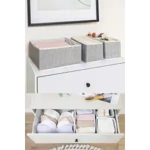 Pazar Kapısı 4 Lü Çekmece Düzenleyici Organizer Dekoratif Sepet Hurç (4 Lü Çekmece Çizgili)