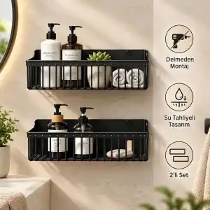 Deinhaus 2’li Yapışkanlı Banyo ve Mutfak Rafı, Siyah Plastik 25 x 10 x 10 cm, Su Tahliyeli Duş Organizeri, Askılı Duvar Düzenleyici
