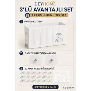 3lü Set Modem Gizleme Kutusu | Wi-Fi Router Saklama Kutusu | Pleksi Duvar Tipi Modem Koruyucu + 20 Adet Kablo Düzenleyici + 2 Adet Yapışkanlı Vidalı Askı Hediyeli (3, 3Lü Set)
