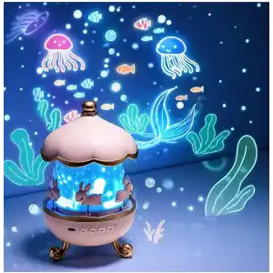 Coverzone Bunny’s Carousel Gece Lambası Projeksiyonlu Müzikli Atlıkarınca Tasarım | Kablolu 5V USB Çalışma | Tavşan Figürlü Döner Işıklı Çocuk Odası Yıldız Tavan Projektör Gece Işığı | WH-E11