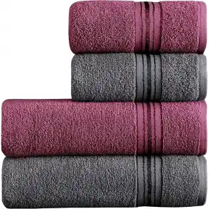 Mürdüm Home Molly Çift Renk Banyo Havlusu, 4lü Paket 2 Parça (70x135),2 Parça (50x85) Yumuşak ve Emici, Kaliteli Günlük Kullanıma Uygun %100 Pamuk Havlu(Mürdüm-Gri)