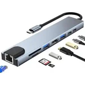 Coverzone 8 in 1 Type C to 2 Port USB 3.0 2 SD Kart TF Kart HDMI RJ45 2PD Kablolu Adaptör iphone 15 Serisi Uyumlu Type C Girişli Android Cihazlara Uyumlu ZR38