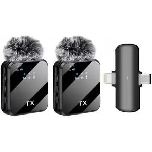 Coverzone Kablosuz Yaka Mikrofonu Çiftli Mikrofon iPhone 15 16 17 ile Uyumlu TYPE-C/Lightning Portlu Telefon PC Tablet Video Kayıt Röportaj Canlı Yayın Vlog Kablosuz Mikrofon F15-2