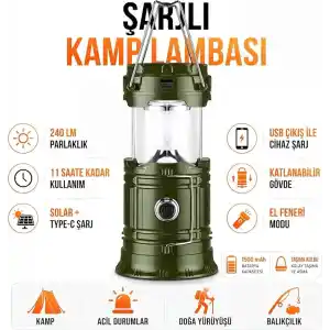 TELVESSE 3 Fonksiyonlu Şarjlı Solarlı Kamp Lambası El Feneri Powerbank Özellikli Taşıma Kulplu Haki 5800T