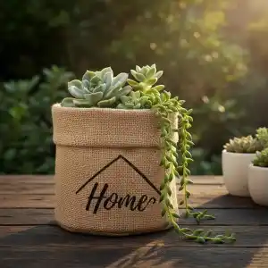 Deconox Home Mini Jüt Saksı Kılıfı (Çap 14cm, Yükseklik 15cm) – Krem Renk Katlanabilir Kumaş Bitki Sepeti | Masaüstü Dekoratif Kalemlik, Makyaj Fırçalık, Küçük Eşya Düzenleyici