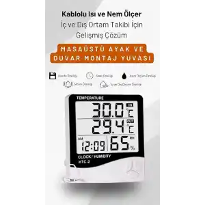 Htc-2 Dijital Termometre Saat Nem Ve Sıcaklık Ölçer Iç Dış Mekan