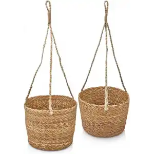 Deconox 2li Asılabilir El Yapımı ve Doğal Yuvarlak Hasır Saksılık Seti, 2li İpli Asılabilir Hasır Yuvarlak Saksı Seti (23cm*18cm-20cm*15cm)