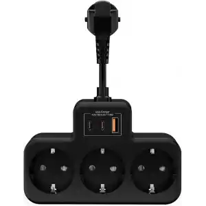 Yüksek Voltaj Korumalı Priz, Duvar Tipi Kısa Kablolu Priz Çoğaltıcı, 3x Soket, 2x Type-C, 1x Usb, 16A, 3680W, 1050 Joule, Çocuk Korumalı, Isıya Dayanıklı Yapı (Siyah)