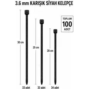 Plastik Kelepçe, Cırt Kelepçe, Kablo Bağı Seti, 100 Adet,Karışık Boy (20 cm, 25 cm, 30 cm), 3.6 mm, Kablo Düzenleme ve Sabitleme (SİYAH 3.6)